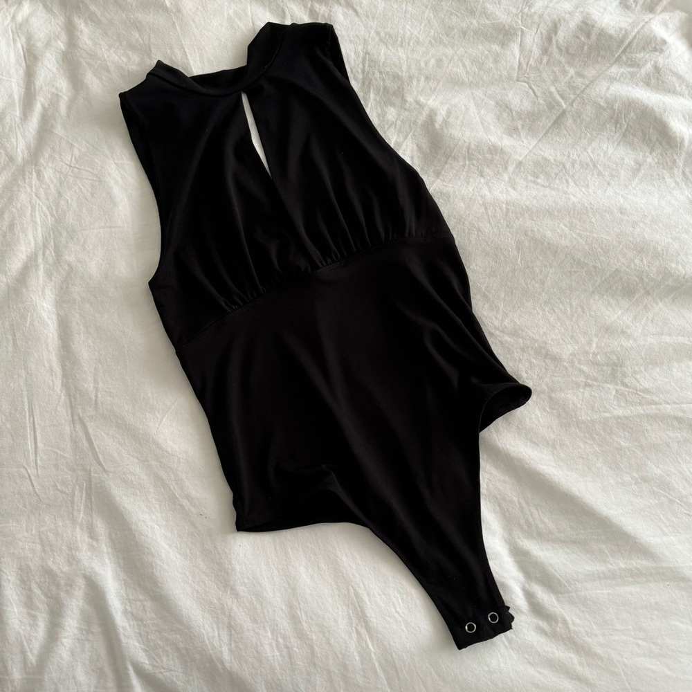 Black open front bodysuit